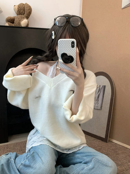 OOTDAY knit sweater set, lace slip dress outfit, V-neck pullover and lace dress, sweet girl spring set, soft aesthetic two-piece outfit