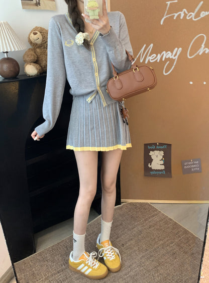 OOTDAY knit skirt set, French cardigan outfit, pleated mini skirt set, V-neck knitwear for girls, sweet style two-piece outfit