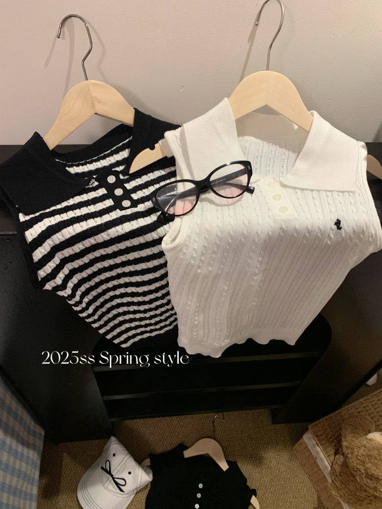 OOTDAY polo knit tank top, striped ice silk sleeveless top, breathable slim knitwear, summer tank for women, versatile knit vest with collar