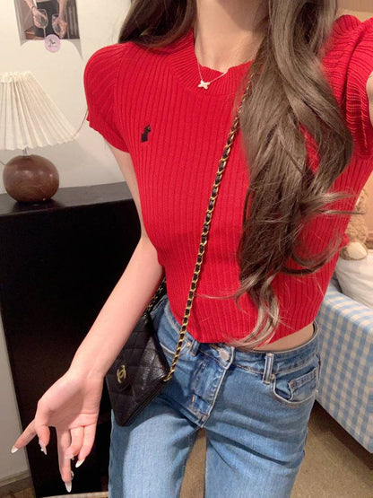 OOTDAY embroidered knit t-shirt, slim fit summer tee for women, sweet soft cotton top, breathable short sleeve knitwear, vintage style summer tee