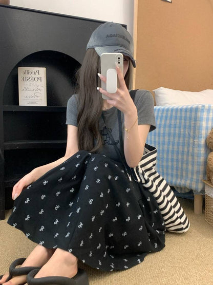 bow print midi skirt, high waist A-line skirt, summer long skirt for women, white flowy skirt with bow print, OOTDAY skirt