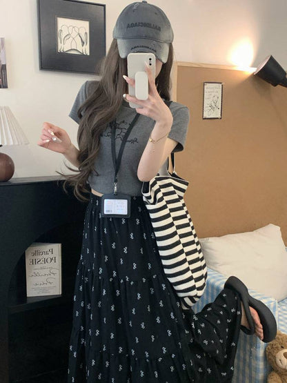 bow print midi skirt, high waist A-line skirt, summer long skirt for women, white flowy skirt with bow print, OOTDAY skirt