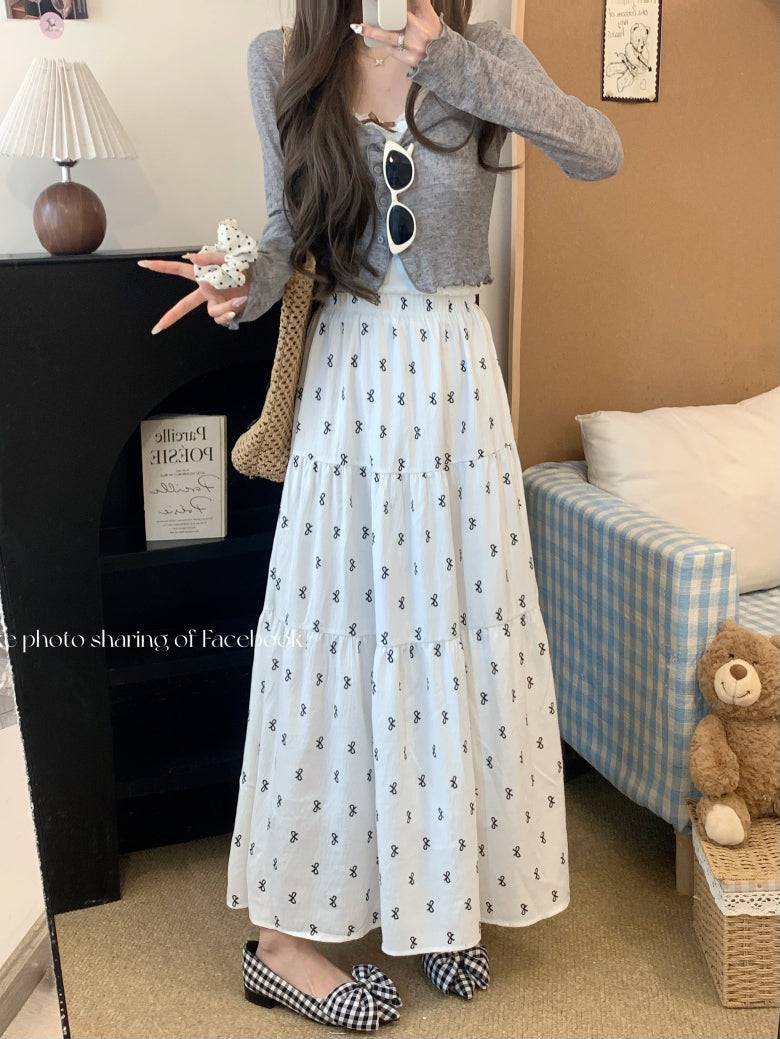bow print midi skirt, high waist A-line skirt, summer long skirt for women, white flowy skirt with bow print, OOTDAY skirt