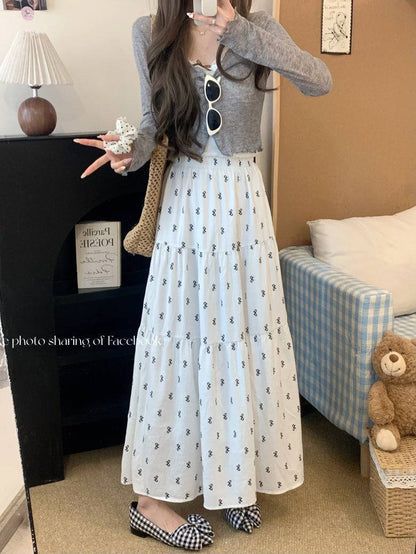 bow print midi skirt, high waist A-line skirt, summer long skirt for women, white flowy skirt with bow print, OOTDAY skirt