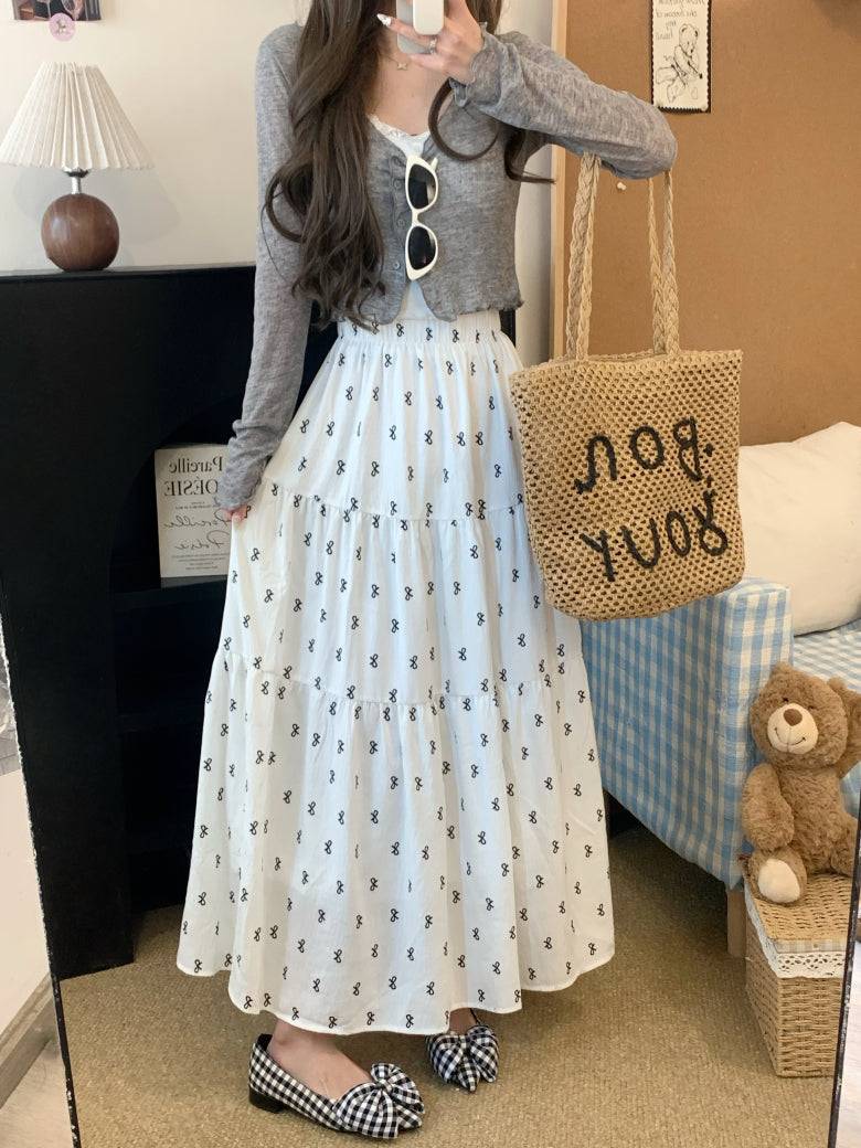 bow print midi skirt, high waist A-line skirt, summer long skirt for women, white flowy skirt with bow print, OOTDAY skirt