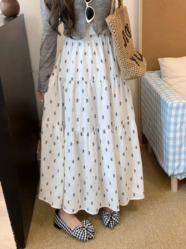 bow print midi skirt, high waist A-line skirt, summer long skirt for women, white flowy skirt with bow print, OOTDAY skirt