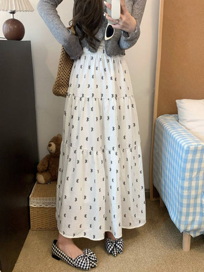 bow print midi skirt, high waist A-line skirt, summer long skirt for women, white flowy skirt with bow print, OOTDAY skirt