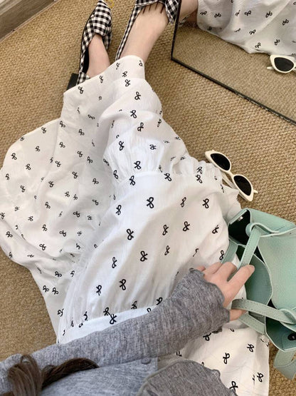 bow print midi skirt, high waist A-line skirt, summer long skirt for women, white flowy skirt with bow print, OOTDAY skirt