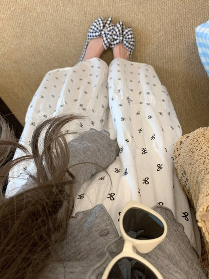 bow print midi skirt, high waist A-line skirt, summer long skirt for women, white flowy skirt with bow print, OOTDAY skirt