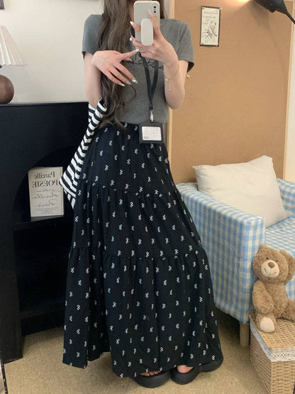 bow print midi skirt, high waist A-line skirt, summer long skirt for women, white flowy skirt with bow print, OOTDAY skirt