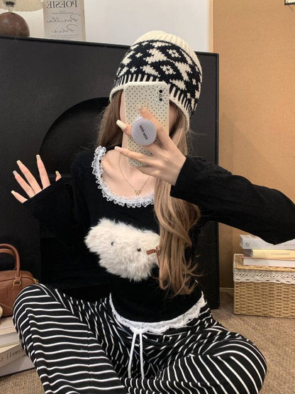 cute puppy knit top, lace trim pullover, soft girl cropped sweater, acetate knit blouse, OOTDAY spring fashion