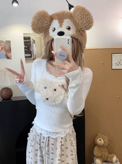 cute puppy knit top, lace trim pullover, soft girl cropped sweater, acetate knit blouse, OOTDAY spring fashion
