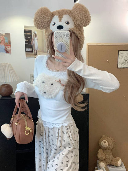 cute puppy knit top, lace trim pullover, soft girl cropped sweater, acetate knit blouse, OOTDAY spring fashion