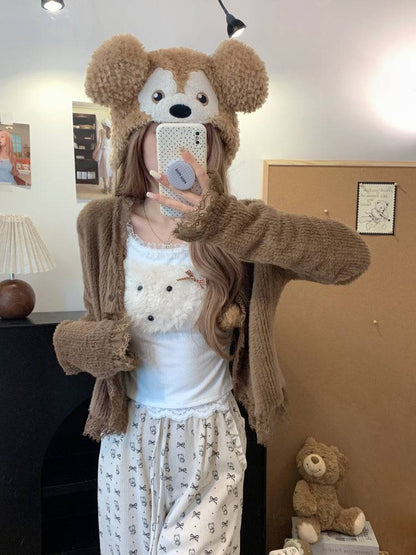 cute puppy knit top, lace trim pullover, soft girl cropped sweater, acetate knit blouse, OOTDAY spring fashion