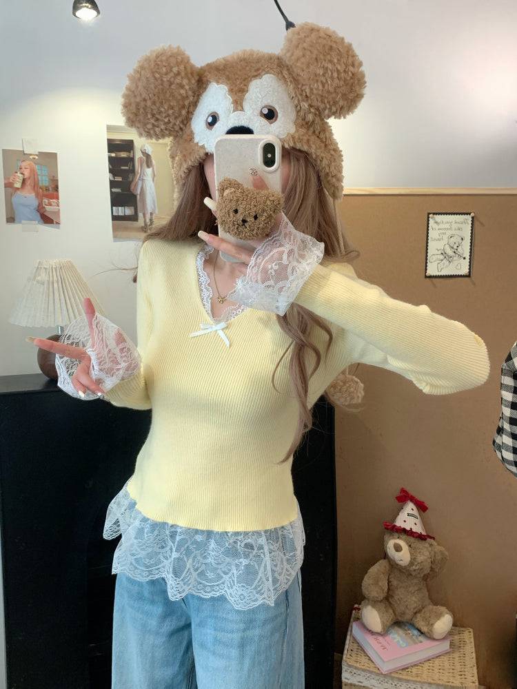 Lace v-neck knit top, slim fit pullover for girls, bow detail sweater, sweet soft girl top, spring knitwear OOTDAY