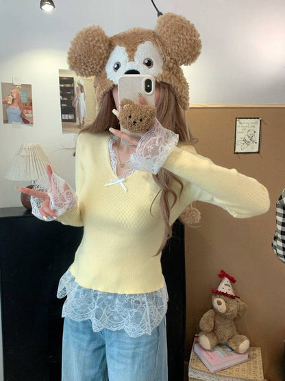 Lace v-neck knit top, slim fit pullover for girls, bow detail sweater, sweet soft girl top, spring knitwear OOTDAY