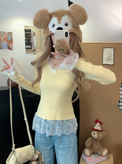 Lace v-neck knit top, slim fit pullover for girls, bow detail sweater, sweet soft girl top, spring knitwear OOTDAY