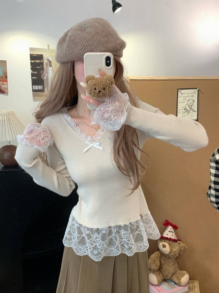 Lace v-neck knit top, slim fit pullover for girls, bow detail sweater, sweet soft girl top, spring knitwear OOTDAY