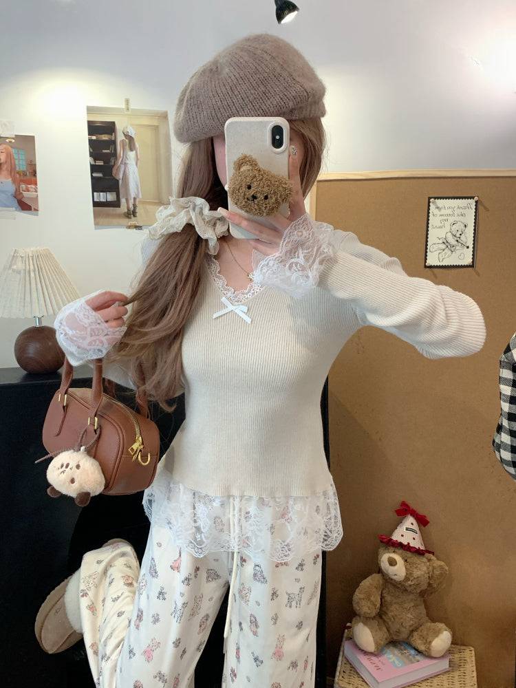 Lace v-neck knit top, slim fit pullover for girls, bow detail sweater, sweet soft girl top, spring knitwear OOTDAY
