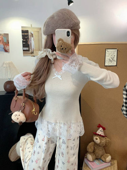 Lace v-neck knit top, slim fit pullover for girls, bow detail sweater, sweet soft girl top, spring knitwear OOTDAY