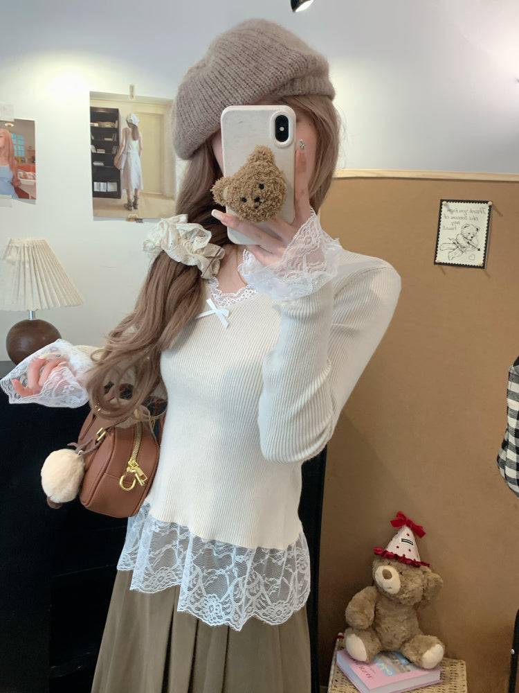 Lace v-neck knit top, slim fit pullover for girls, bow detail sweater, sweet soft girl top, spring knitwear OOTDAY