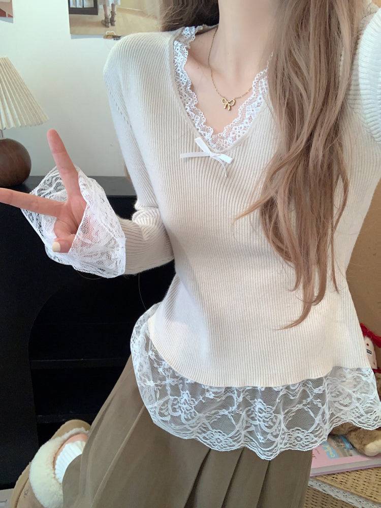 Lace v-neck knit top, slim fit pullover for girls, bow detail sweater, sweet soft girl top, spring knitwear OOTDAY