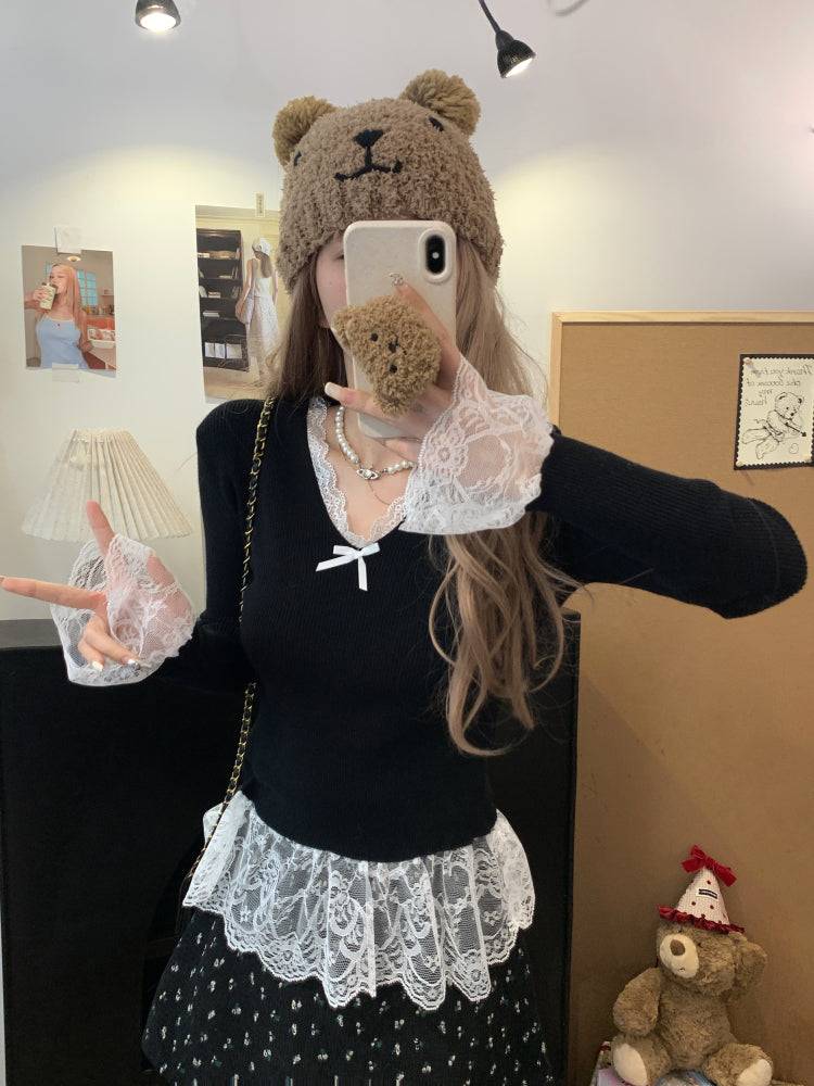 Lace v-neck knit top, slim fit pullover for girls, bow detail sweater, sweet soft girl top, spring knitwear OOTDAY