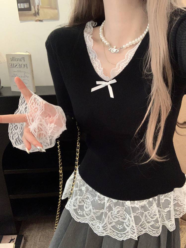 Lace v-neck knit top, slim fit pullover for girls, bow detail sweater, sweet soft girl top, spring knitwear OOTDAY