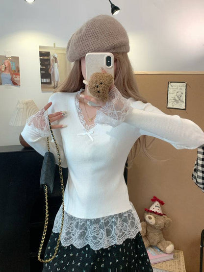 Lace v-neck knit top, slim fit pullover for girls, bow detail sweater, sweet soft girl top, spring knitwear OOTDAY