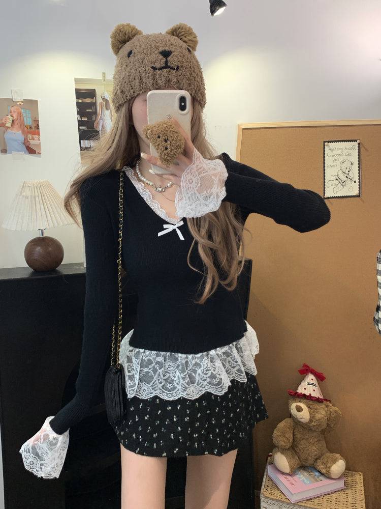 Lace v-neck knit top, slim fit pullover for girls, bow detail sweater, sweet soft girl top, spring knitwear OOTDAY
