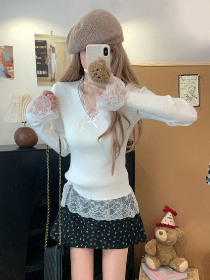 Lace v-neck knit top, slim fit pullover for girls, bow detail sweater, sweet soft girl top, spring knitwear OOTDAY