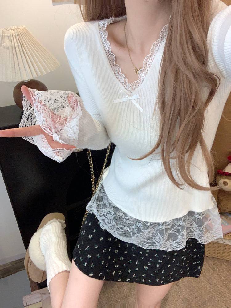 Lace v-neck knit top, slim fit pullover for girls, bow detail sweater, sweet soft girl top, spring knitwear OOTDAY