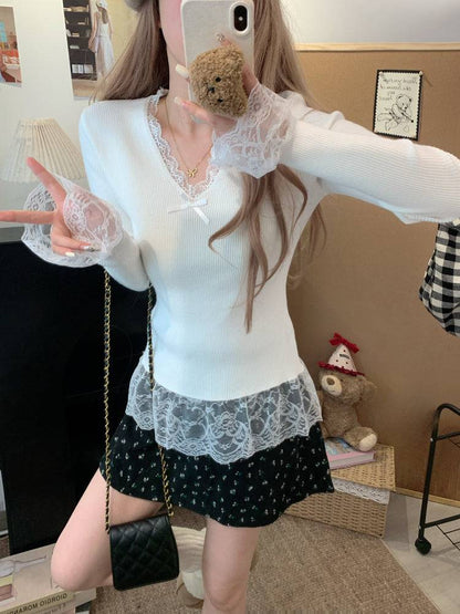 Lace v-neck knit top, slim fit pullover for girls, bow detail sweater, sweet soft girl top, spring knitwear OOTDAY