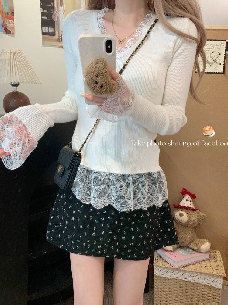 Lace v-neck knit top, slim fit pullover for girls, bow detail sweater, sweet soft girl top, spring knitwear OOTDAY