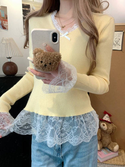Lace v-neck knit top, slim fit pullover for girls, bow detail sweater, sweet soft girl top, spring knitwear OOTDAY