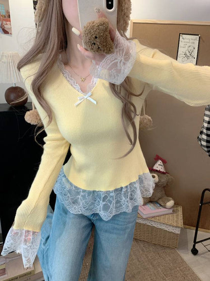 Lace v-neck knit top, slim fit pullover for girls, bow detail sweater, sweet soft girl top, spring knitwear OOTDAY