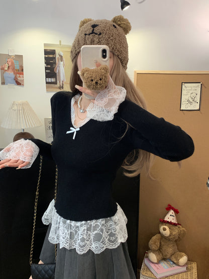 Lace v-neck knit top, slim fit pullover for girls, bow detail sweater, sweet soft girl top, spring knitwear OOTDAY