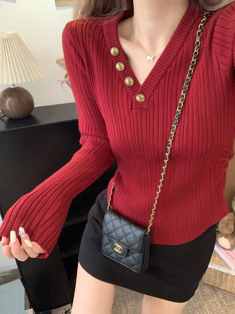 V-neck button knit top, slim fit long sleeve sweater for girls, winter base layer top, sweet soft-girl knit pullover, OOTDAY slim knitwear for women