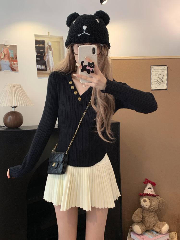 V-neck button knit top, slim fit long sleeve sweater for girls, winter base layer top, sweet soft-girl knit pullover, OOTDAY slim knitwear for women