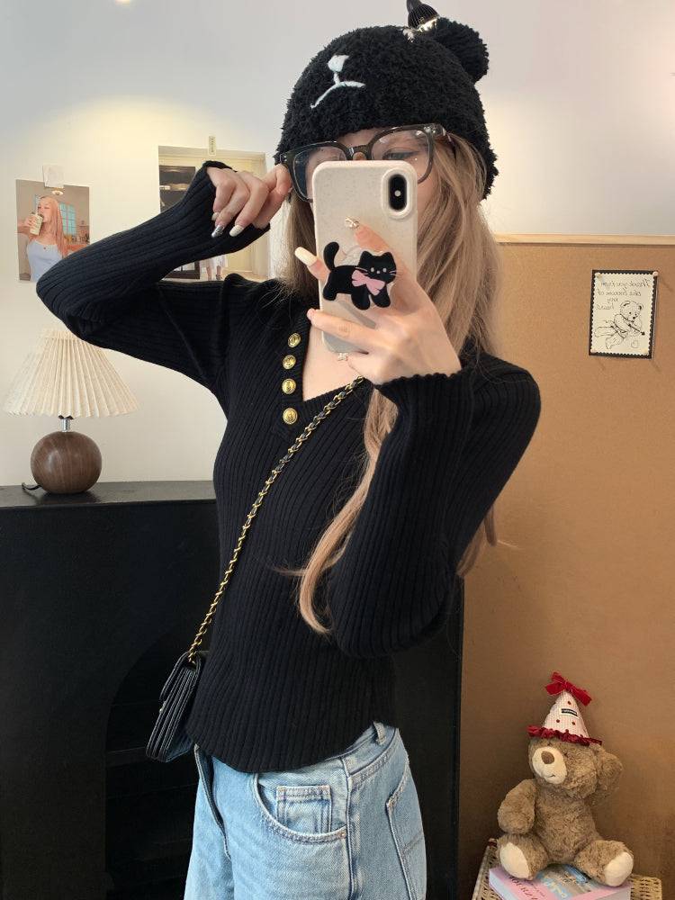 V-neck button knit top, slim fit long sleeve sweater for girls, winter base layer top, sweet soft-girl knit pullover, OOTDAY slim knitwear for women