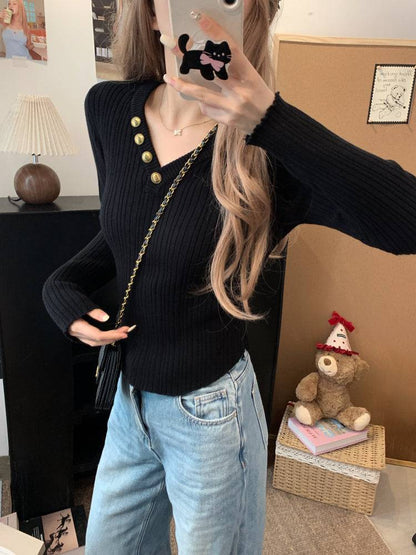 V-neck button knit top, slim fit long sleeve sweater for girls, winter base layer top, sweet soft-girl knit pullover, OOTDAY slim knitwear for women