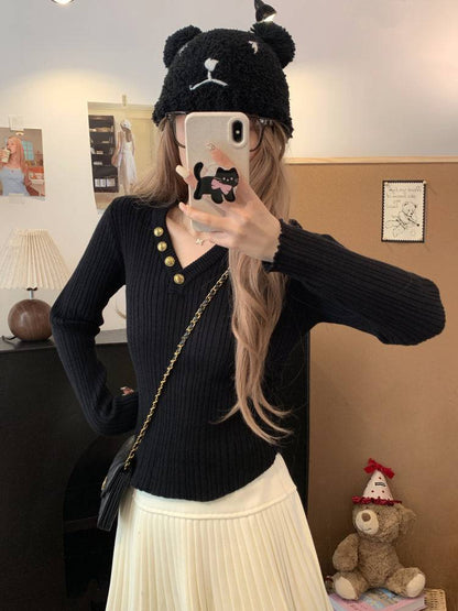 V-neck button knit top, slim fit long sleeve sweater for girls, winter base layer top, sweet soft-girl knit pullover, OOTDAY slim knitwear for women