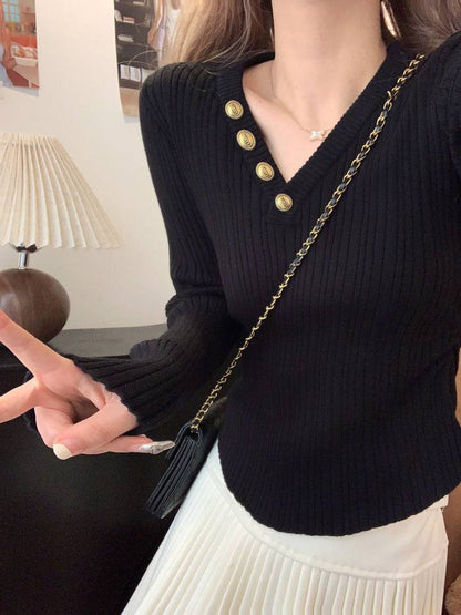 V-neck button knit top, slim fit long sleeve sweater for girls, winter base layer top, sweet soft-girl knit pullover, OOTDAY slim knitwear for women
