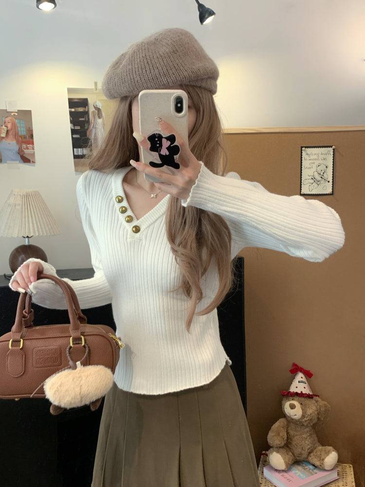 V-neck button knit top, slim fit long sleeve sweater for girls, winter base layer top, sweet soft-girl knit pullover, OOTDAY slim knitwear for women