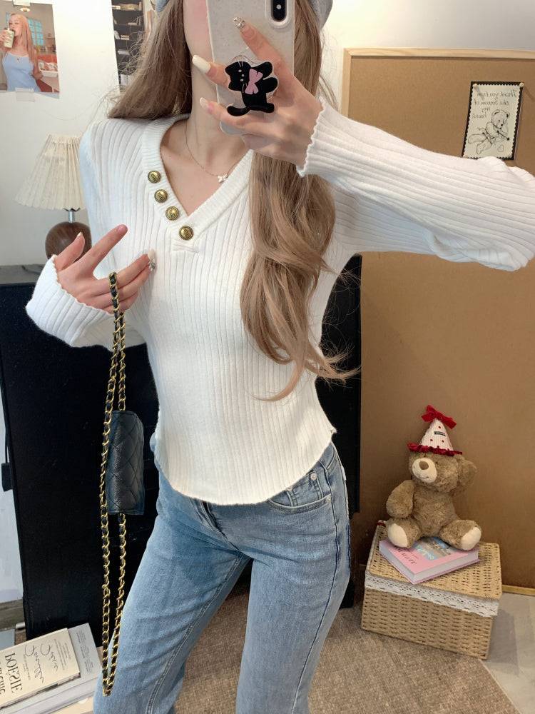 V-neck button knit top, slim fit long sleeve sweater for girls, winter base layer top, sweet soft-girl knit pullover, OOTDAY slim knitwear for women