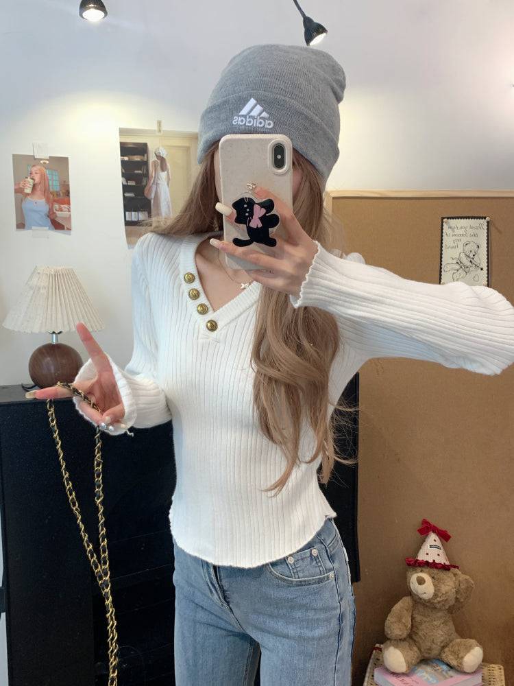 V-neck button knit top, slim fit long sleeve sweater for girls, winter base layer top, sweet soft-girl knit pullover, OOTDAY slim knitwear for women