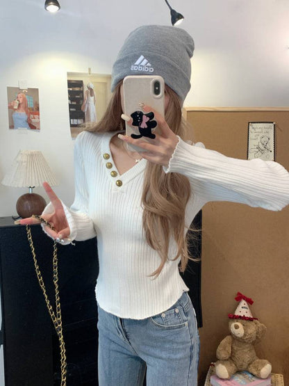 V-neck button knit top, slim fit long sleeve sweater for girls, winter base layer top, sweet soft-girl knit pullover, OOTDAY slim knitwear for women