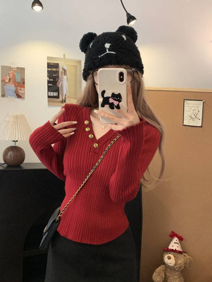V-neck button knit top, slim fit long sleeve sweater for girls, winter base layer top, sweet soft-girl knit pullover, OOTDAY slim knitwear for women