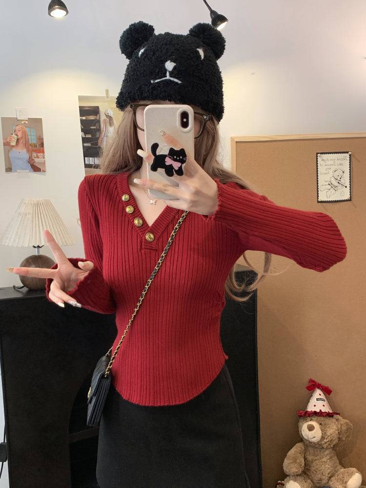 V-neck button knit top, slim fit long sleeve sweater for girls, winter base layer top, sweet soft-girl knit pullover, OOTDAY slim knitwear for women
