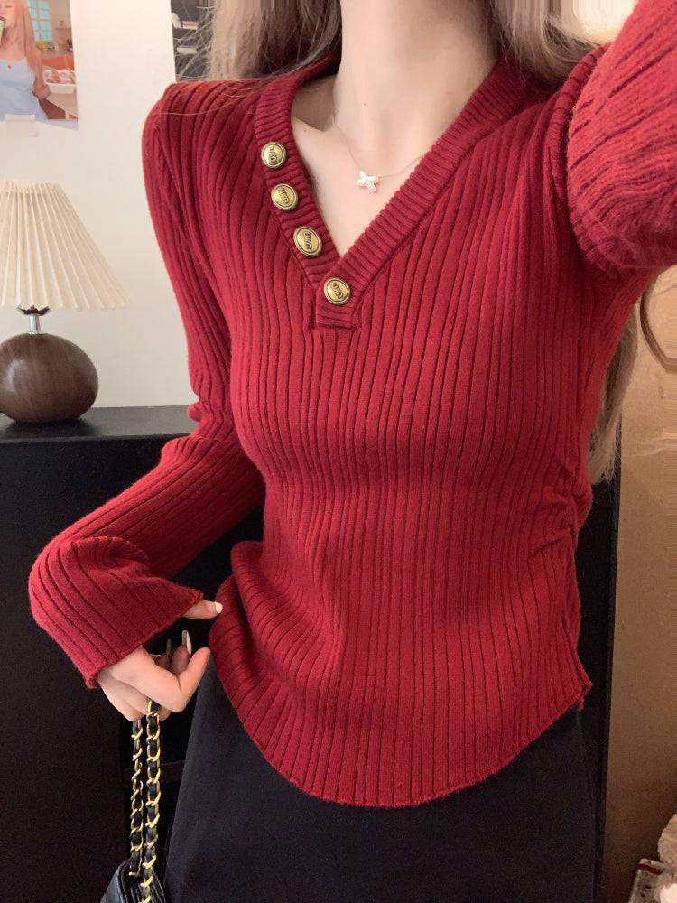 V-neck button knit top, slim fit long sleeve sweater for girls, winter base layer top, sweet soft-girl knit pullover, OOTDAY slim knitwear for women
